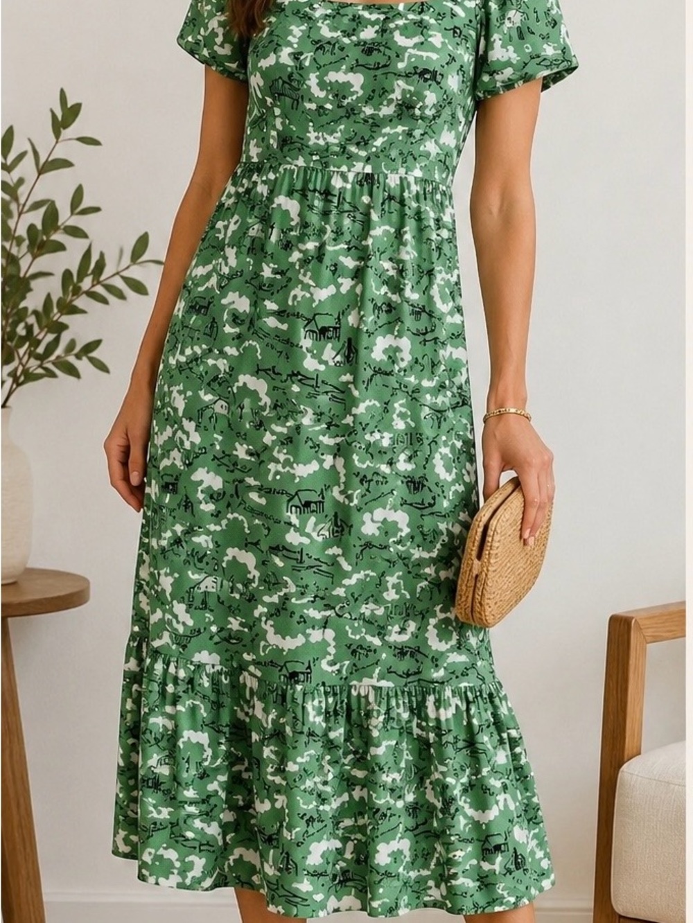 HVN Tender Loving Care Green Farm Print Midi Dress - Women size 4 RARE